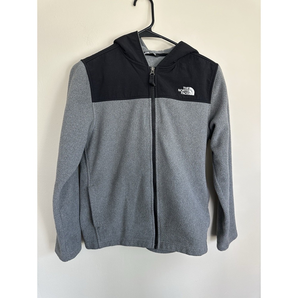 The North Face Hooded Jacket Boys LARGE Regular Black Gray Full Zip Polartec